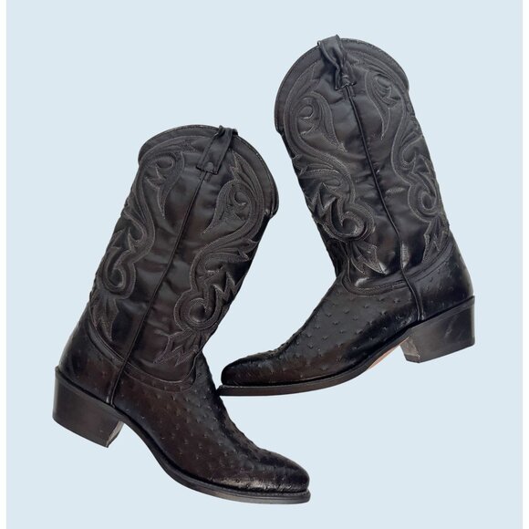 Vintage ACME Men's Black Ostrich Print Cowboy Western Boots Sz 9 1/2 D - Picture 1 of 8